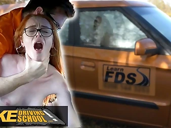 British redhead Ella Hughes gets her tight pussy drilled in the matter of the jalopy while driving